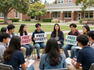 Students discussing free speech on a college campus