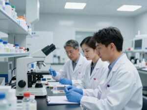 Scientists collaborating in a lab for cancer research.