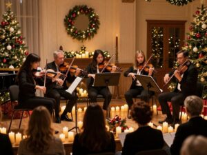 A string quartet performing Christmas carols by candlelight in Houston.