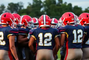 C.E. King High School football team showing team spirit with helmets during practice