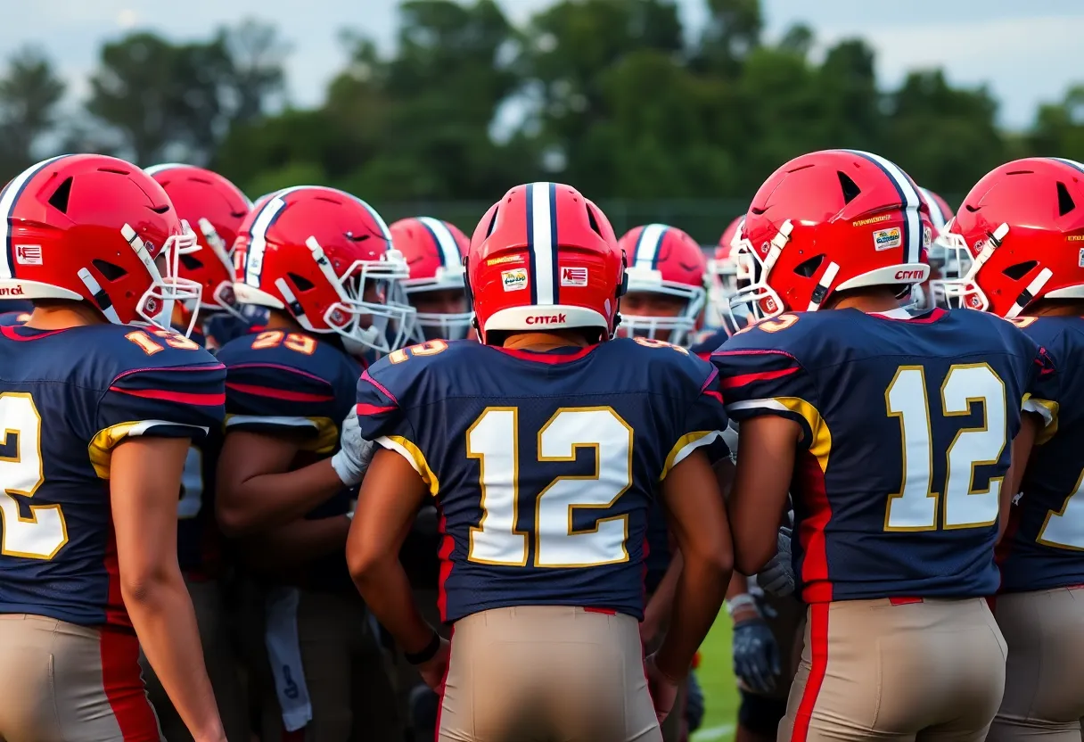 C.E. King High School football team showing team spirit with helmets during practice