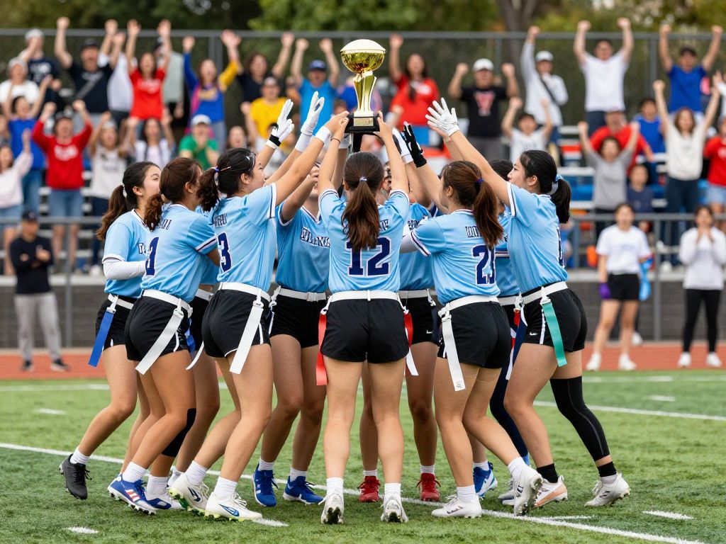 Girls flag football team from Central High School celebrating their national championship victory.