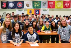 Athletes celebrating their commitments to collegiate sports on signing day