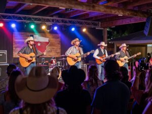 Crowd enjoying a Clint Black concert with country-themed decorations