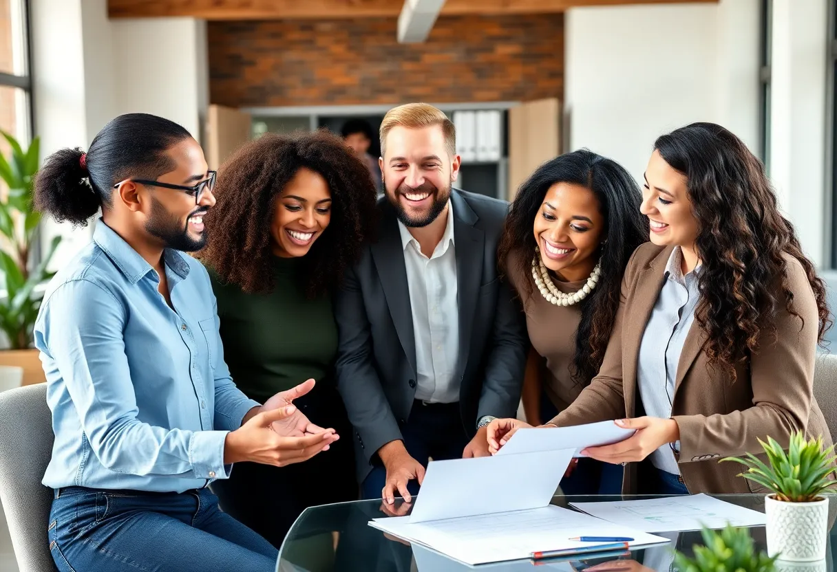 Diverse professionals working together in a supportive office.