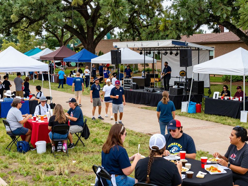 People enjoying community events in College Station with food and music.