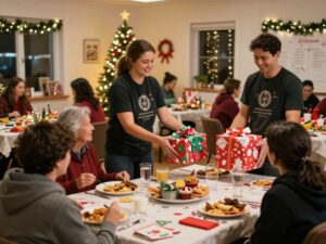 Volunteers distributing gifts at the Mother Teresa homeless shelter during Christmas