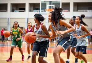 High school girls basketball players in action