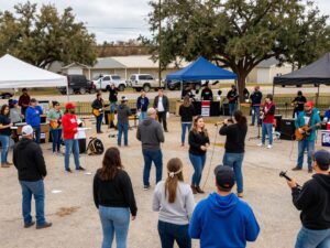 Community gathering in Conroe Texas celebrating January events with music and festivities