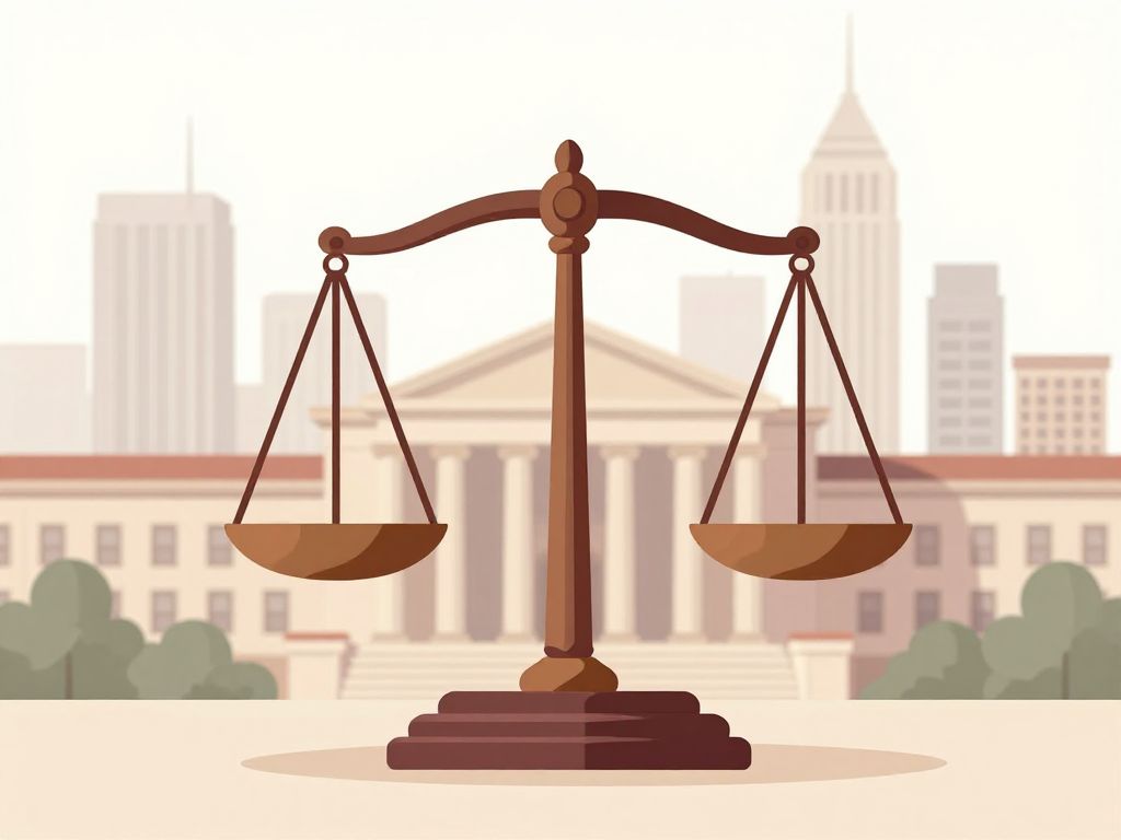 A courthouse with legal scales representing justice in a city