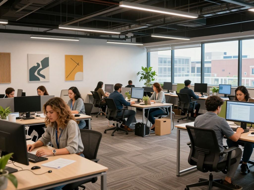 People working in a coworking space in Houston, Texas, indicating a collaborative environment.