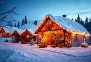 Cozy igloos and wooden cabins decorated for the holiday season in Houston.