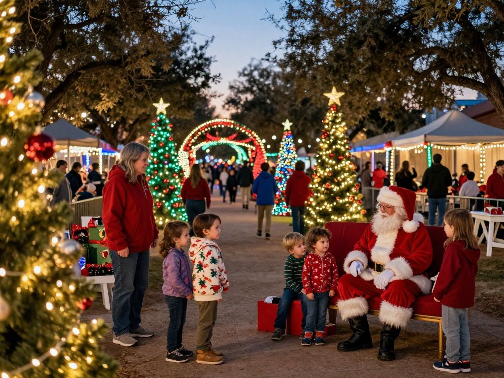 Families enjoying holiday festivities in the DFW area with Santa and light displays.