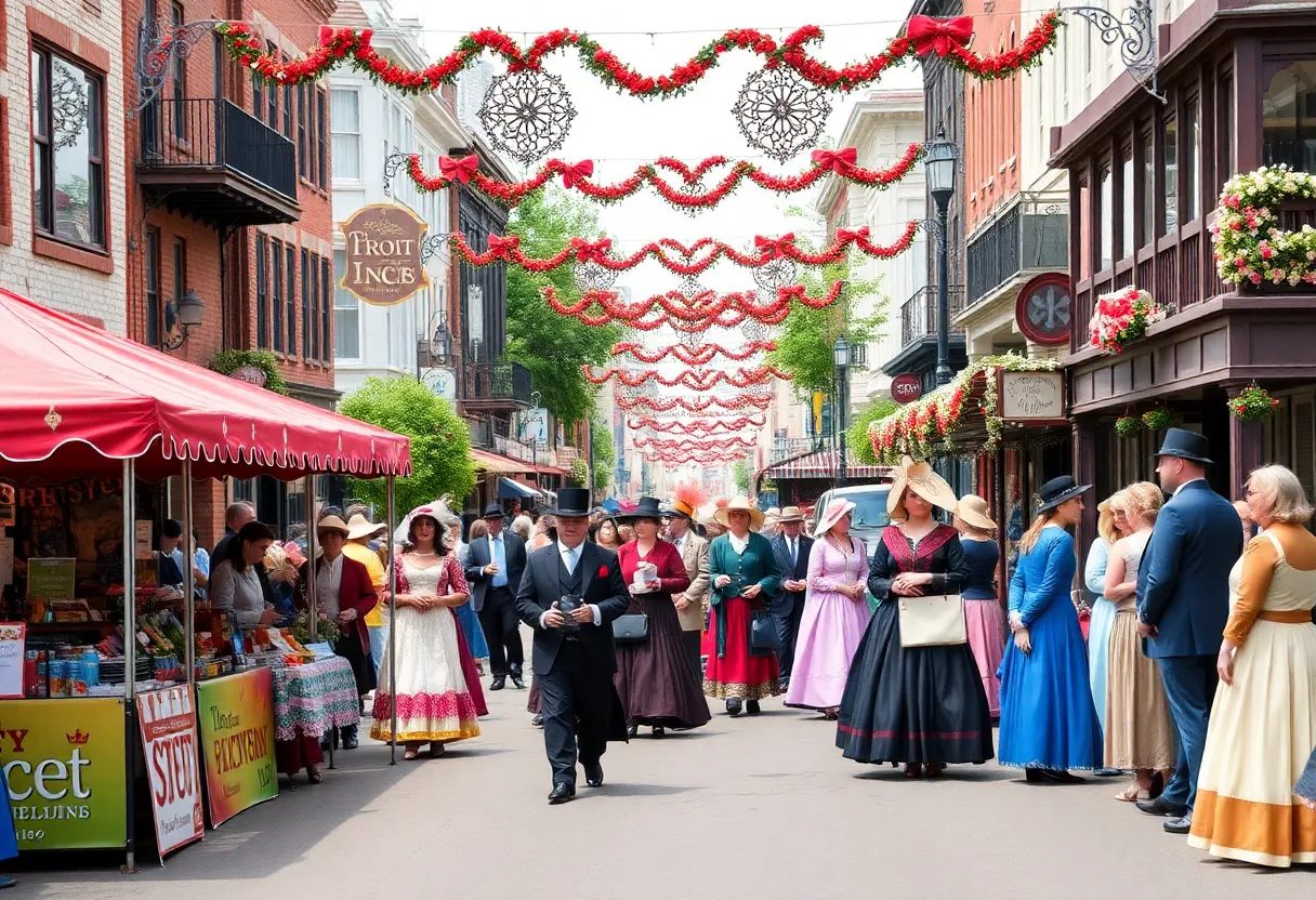 A lively scene from the Dickens on The Strand festival with entertainers and attendees in Victorian attire.