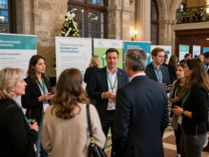 Guests at Dr. Barnard’s Bon Voyage Bash engaging in discussions about health innovation.