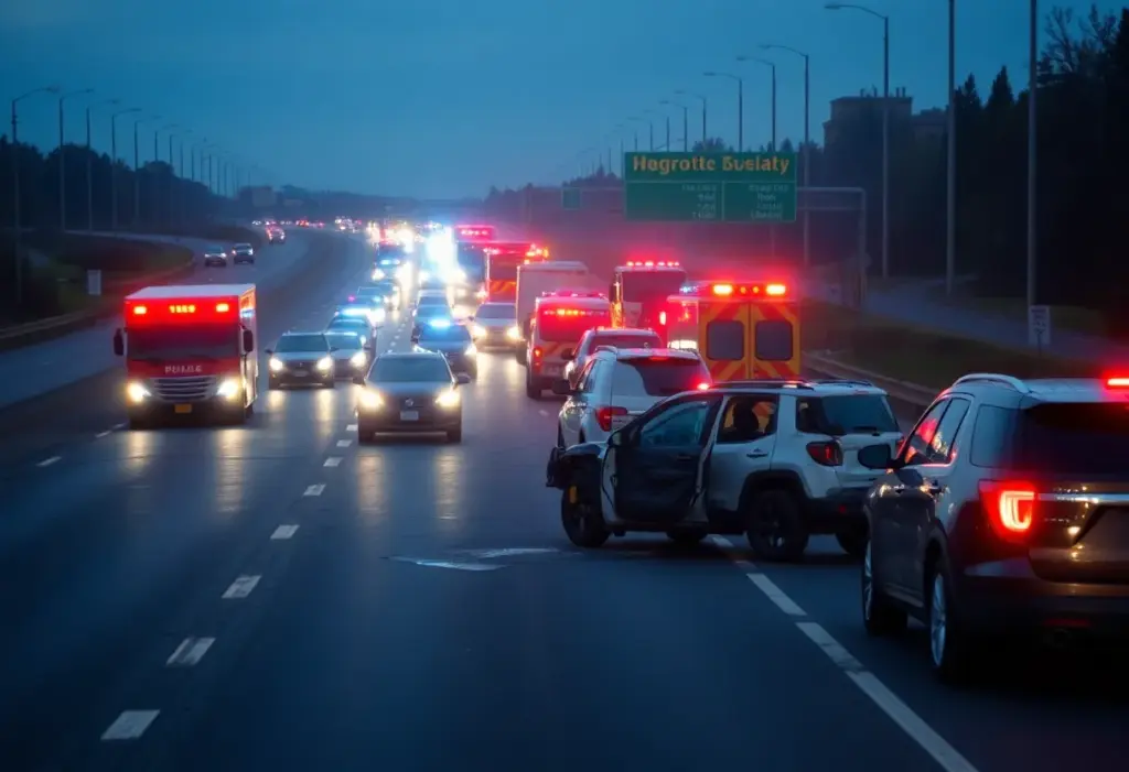 Emergency services responding to a traffic accident on the highway