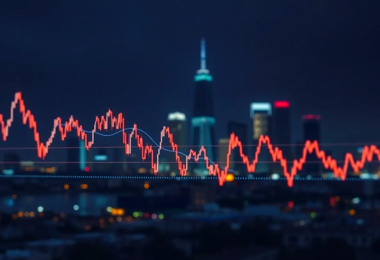 Graph showing stock market trends with Houston skyline