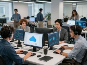 Professionals collaborating in a modern tech office