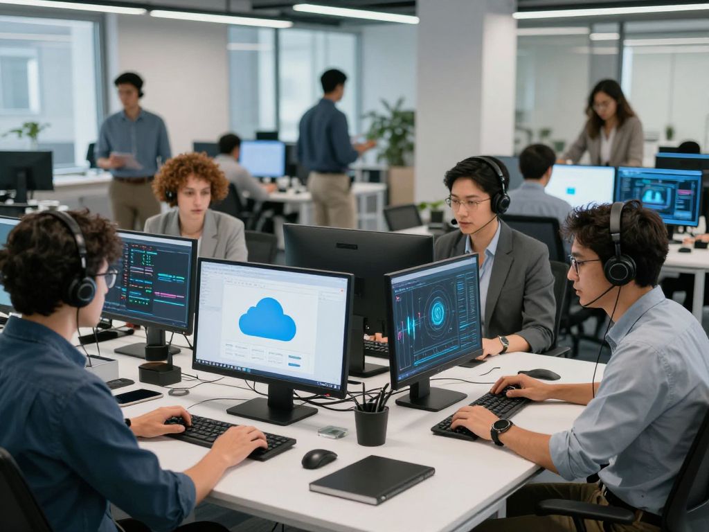 Professionals collaborating in a modern tech office