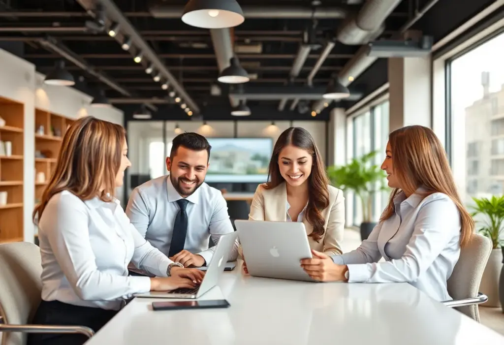 Real estate agents working with technology for marketing