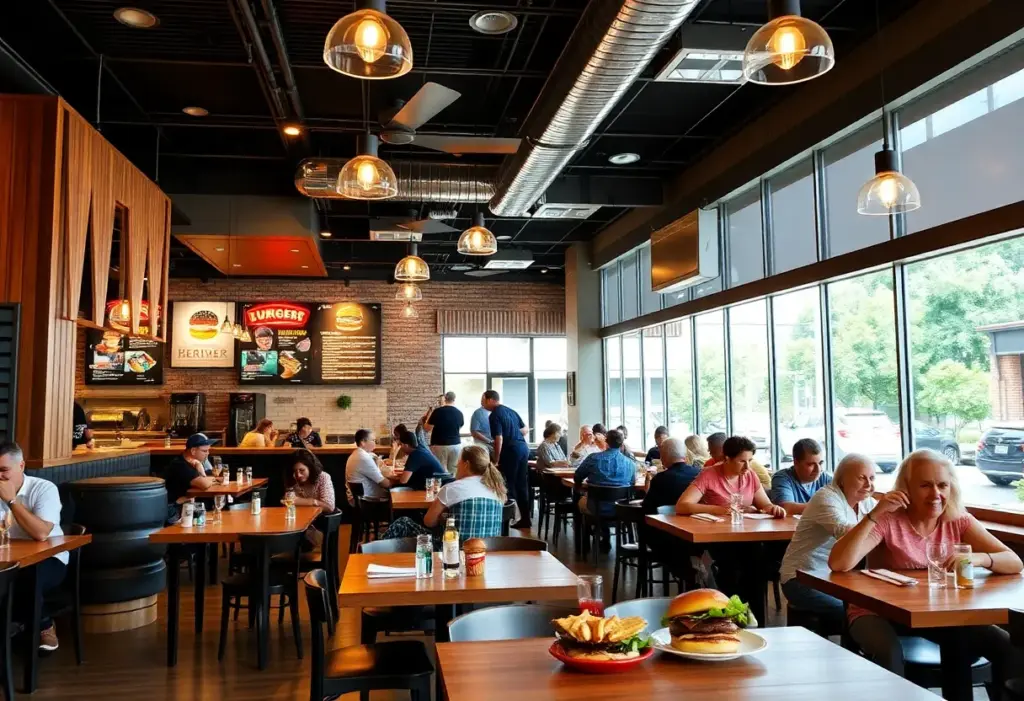 Interior view of a family-owned burger restaurant in Houston's Galleria area with customers dining.