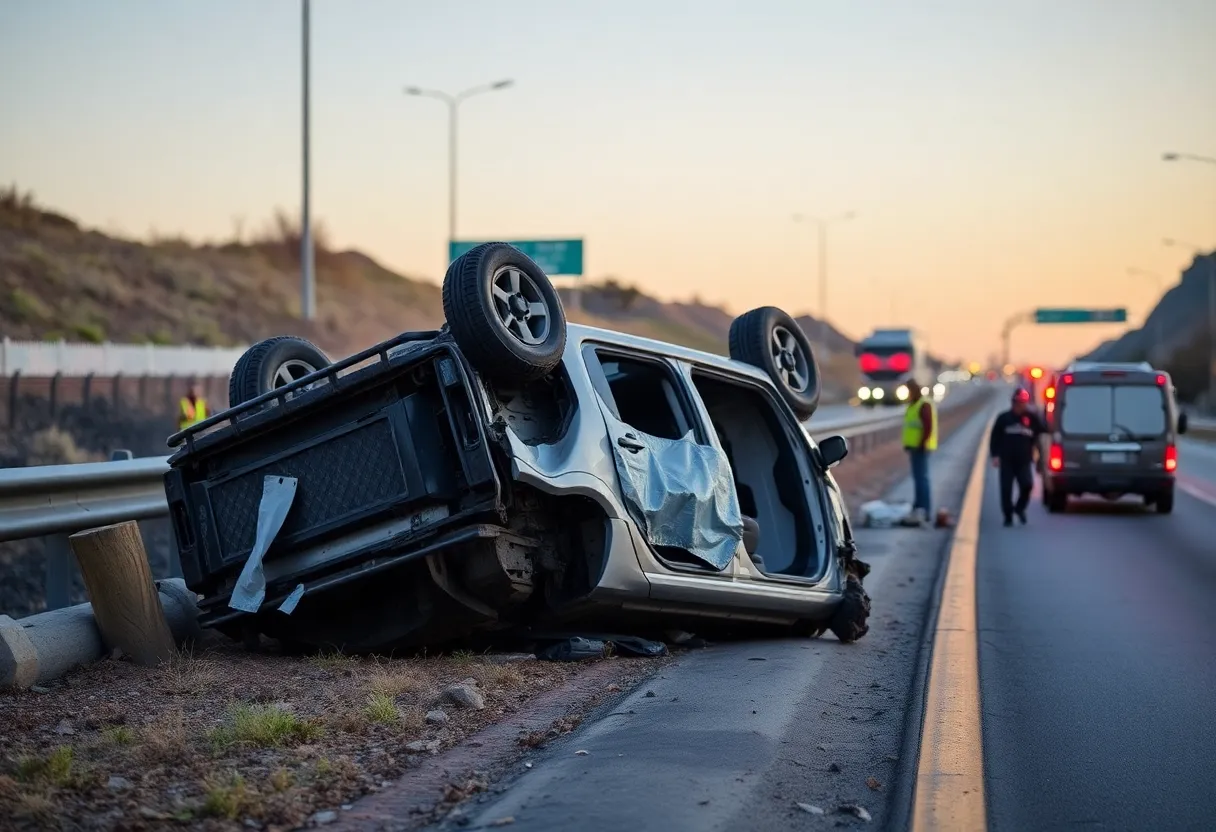 A damaged vehicle involved in a rollover crash on the Eastex Freeway.