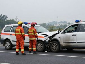 Scene of a two-vehicle crash with emergency responders