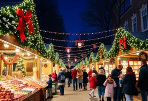 Crowd at a holiday market with local artisans and decorations