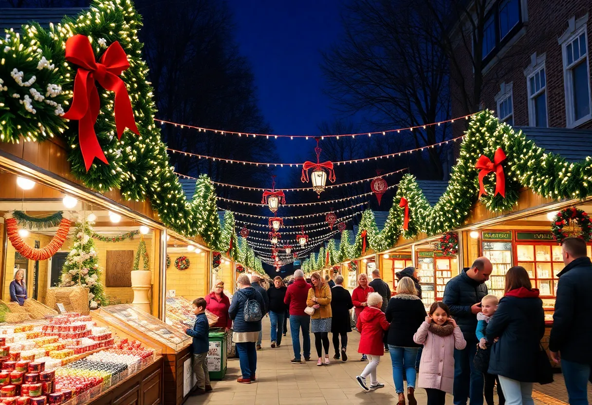 Crowd at a holiday market with local artisans and decorations