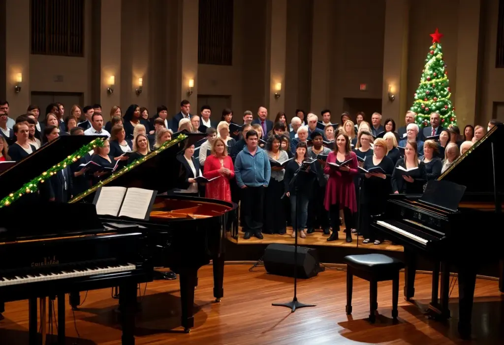 Final performance of Carols and Keyboards concert with grand pianos and choir