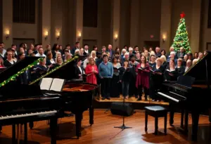 Final performance of Carols and Keyboards concert with grand pianos and choir