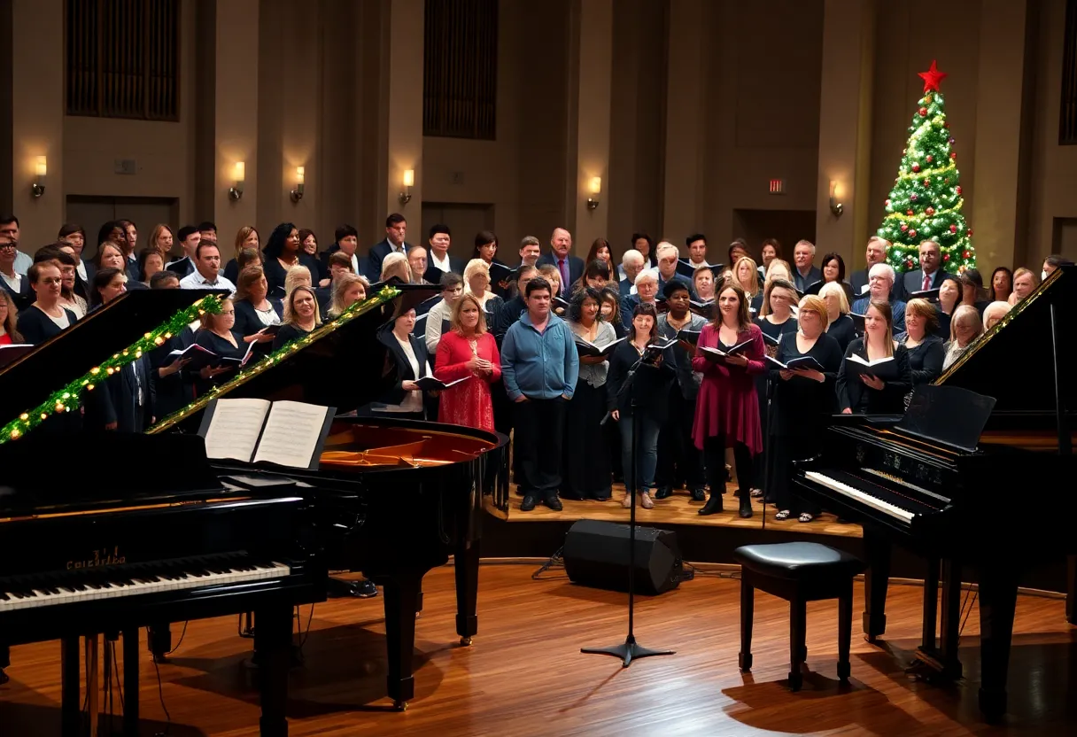 Final performance of Carols and Keyboards concert with grand pianos and choir