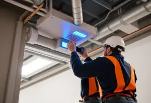 Technicians installing a fire alarm system in a commercial property