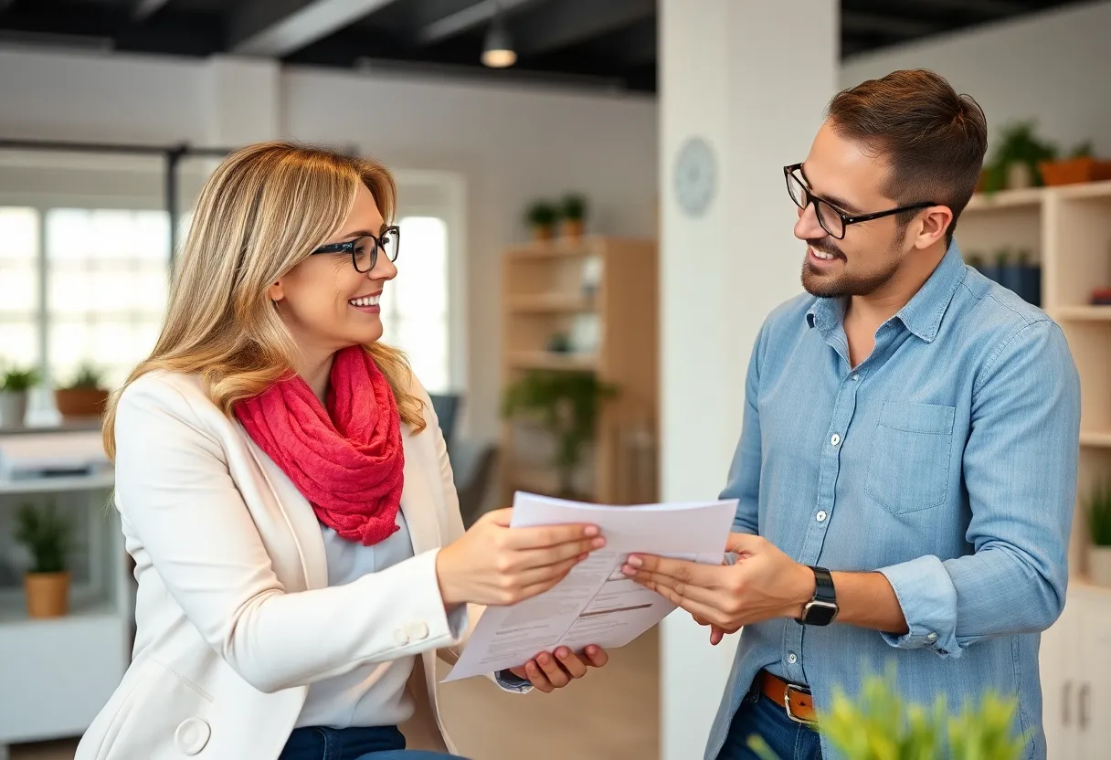 First-time homebuyer discussing with realtor in office