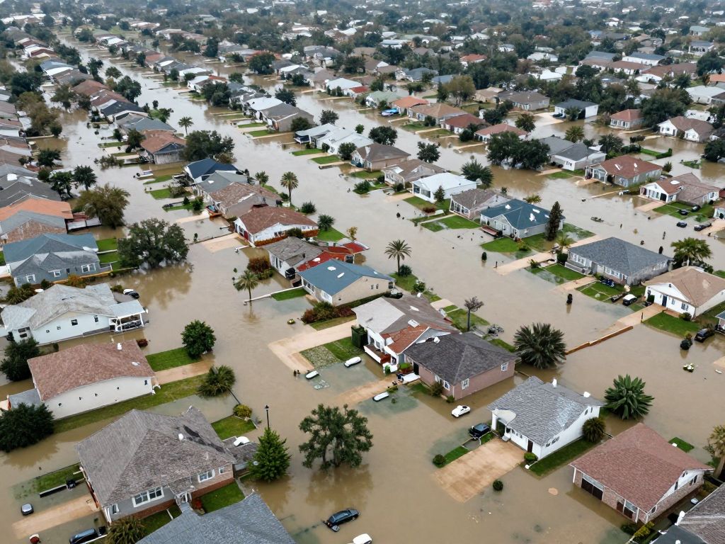 Aerial view of flood-damaged homes in Houston after Hurricane Harvey