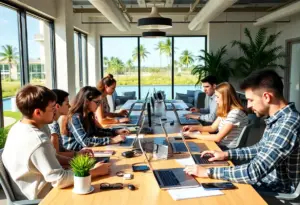 A diverse group of freelancers working in a digital space representing Florida's gig economy