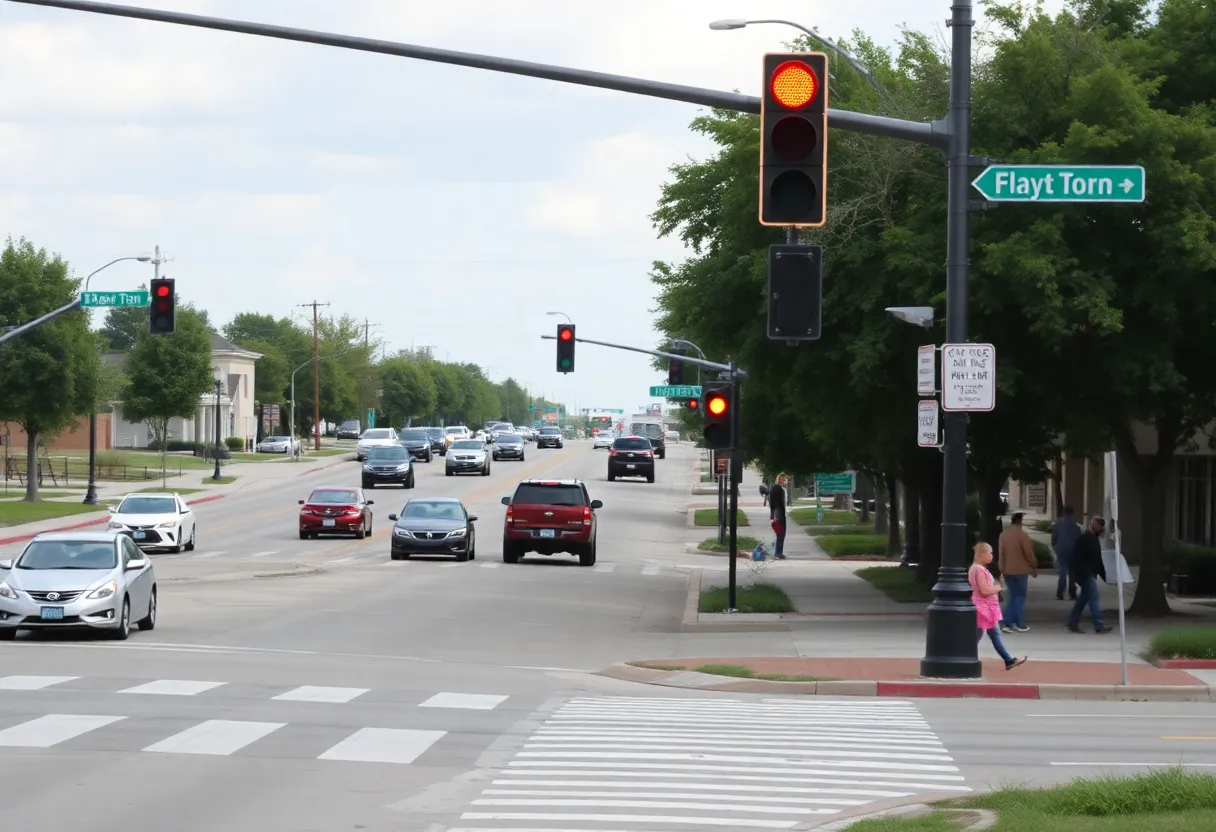 Intersection in Flower Mound, Texas, with traffic signs and crosswalk.