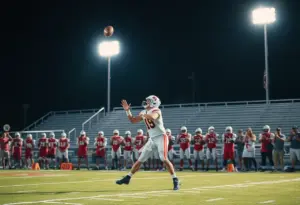 Quarterback throwing a pass during a high school football game