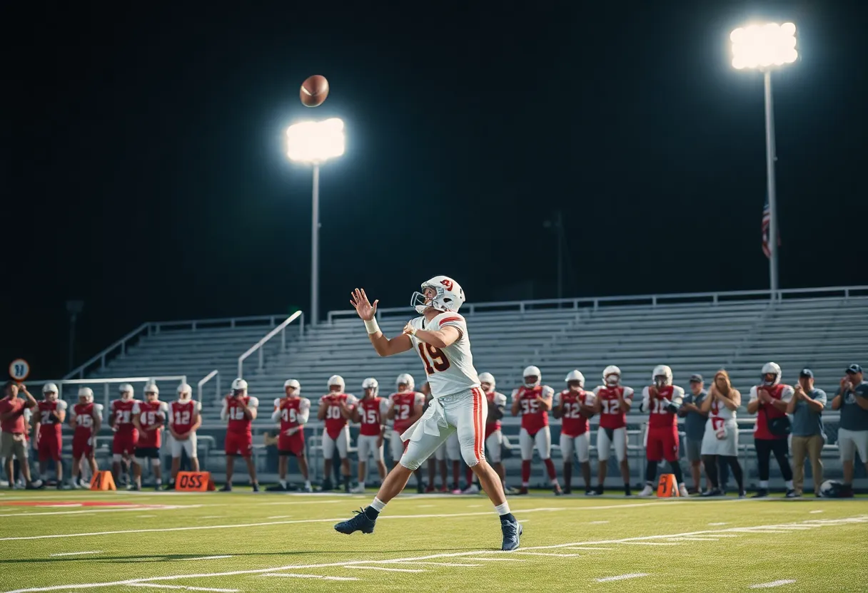 Quarterback throwing a pass during a high school football game