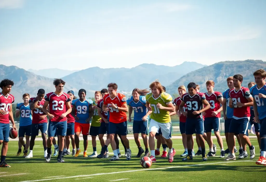 Group of athletes training on a football field for the University of Hawai'i football team