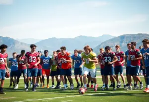 Group of athletes training on a football field for the University of Hawai'i football team