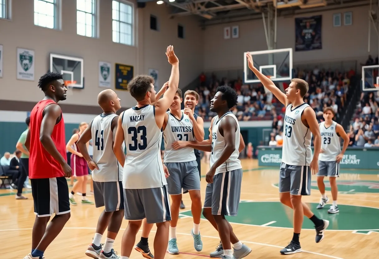 HCU men's basketball team celebrating a victory on the court