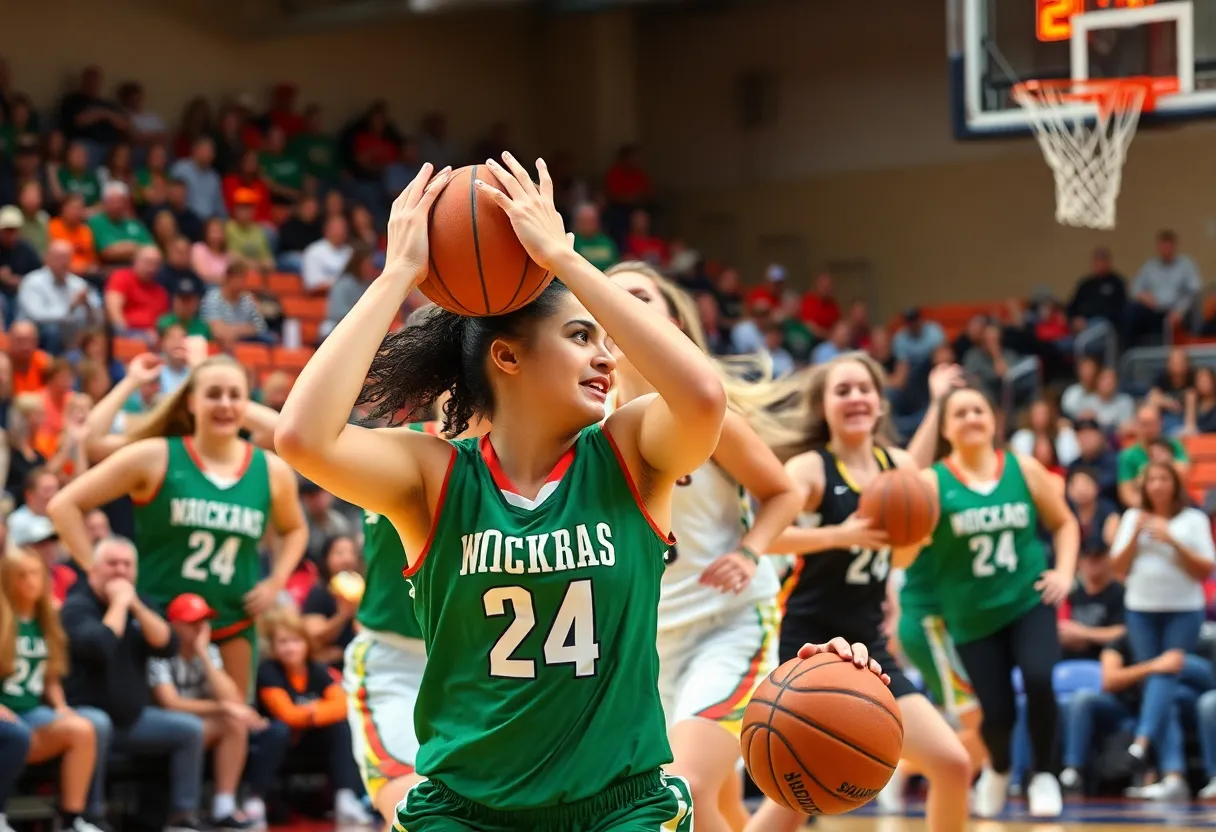 HCU women's basketball team in action during a competitive game.