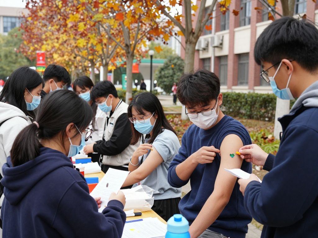 Students engaging in a health event on campus promoting flu prevention.