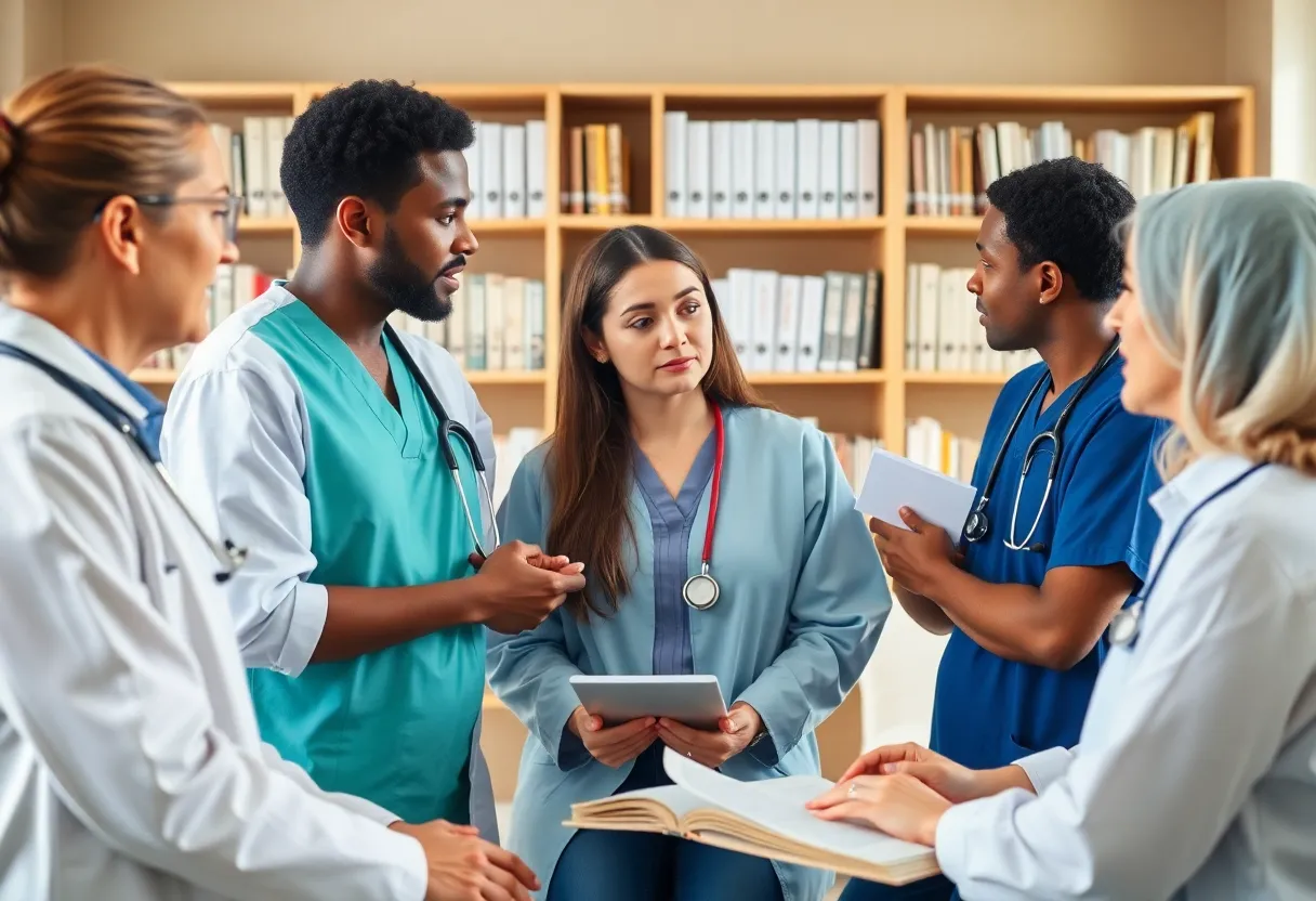 Healthcare professionals engaging in discussion about medical humanities and ethics.