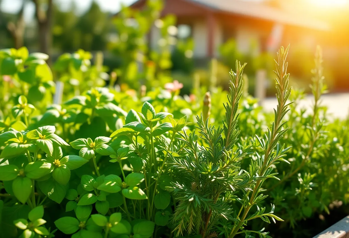 A flourishing herb garden featuring basil, mint, and rosemary in Houston's warm climate.