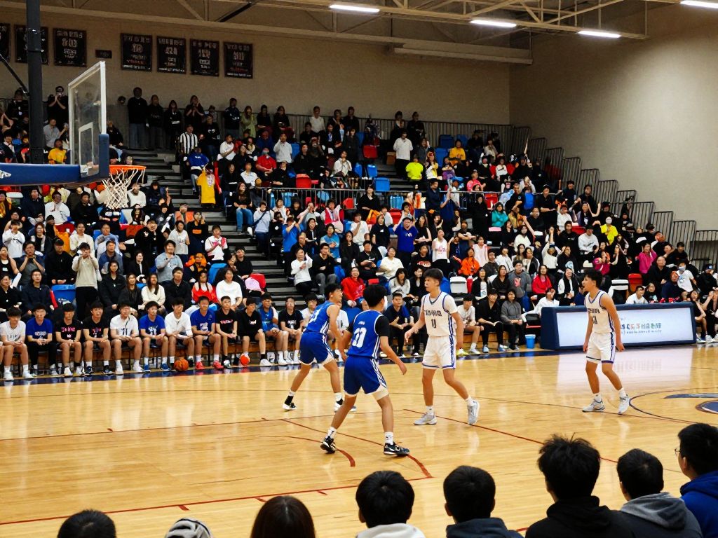Students playing high school basketball in a competitive game