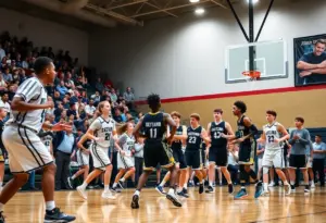 High school basketball players in action during a game