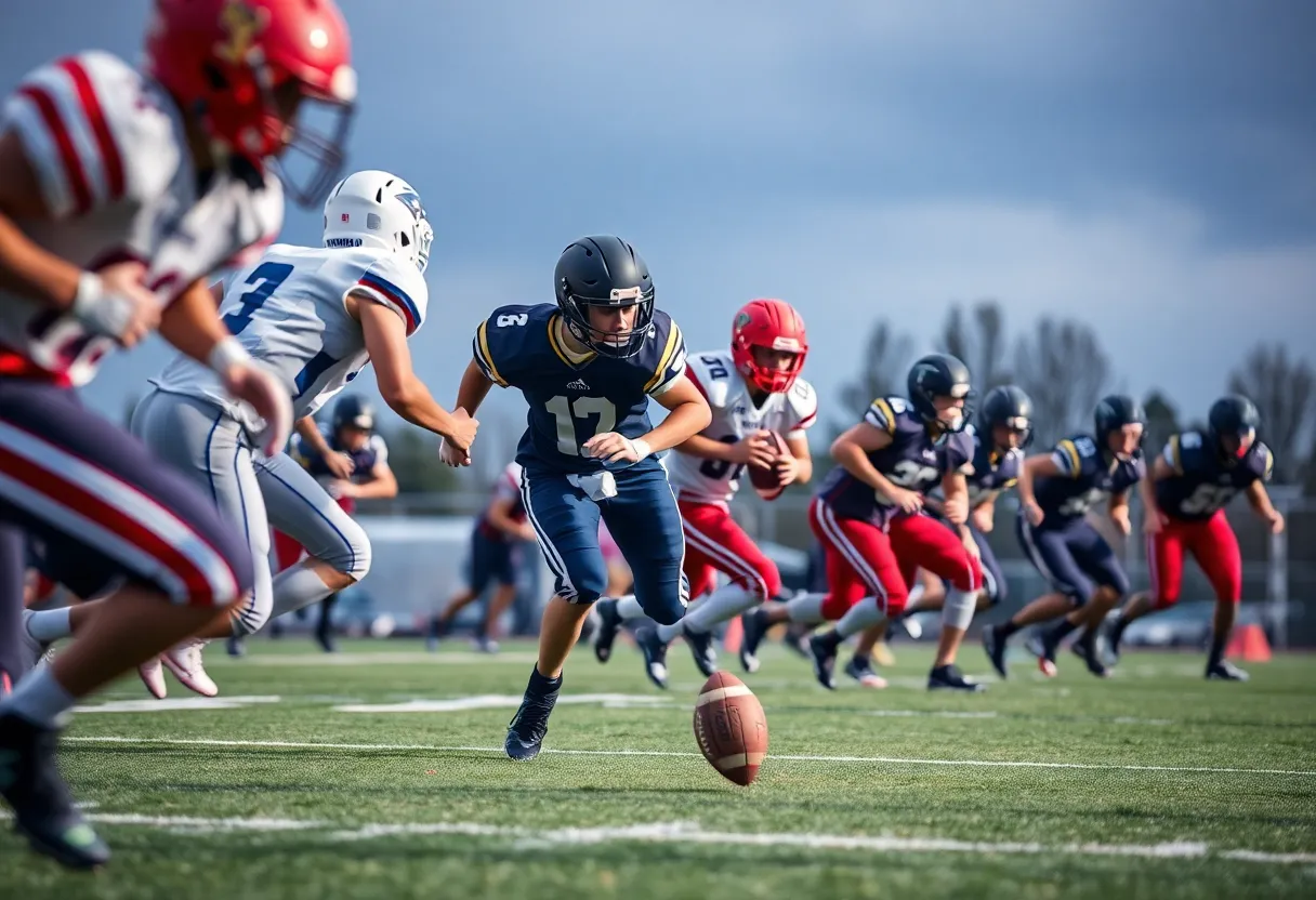 Young athletes playing high school football on the field.