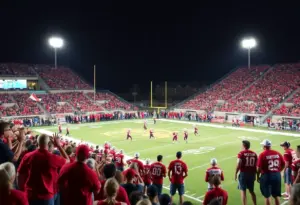 Players in action during a high school football game with fans cheering in the background
